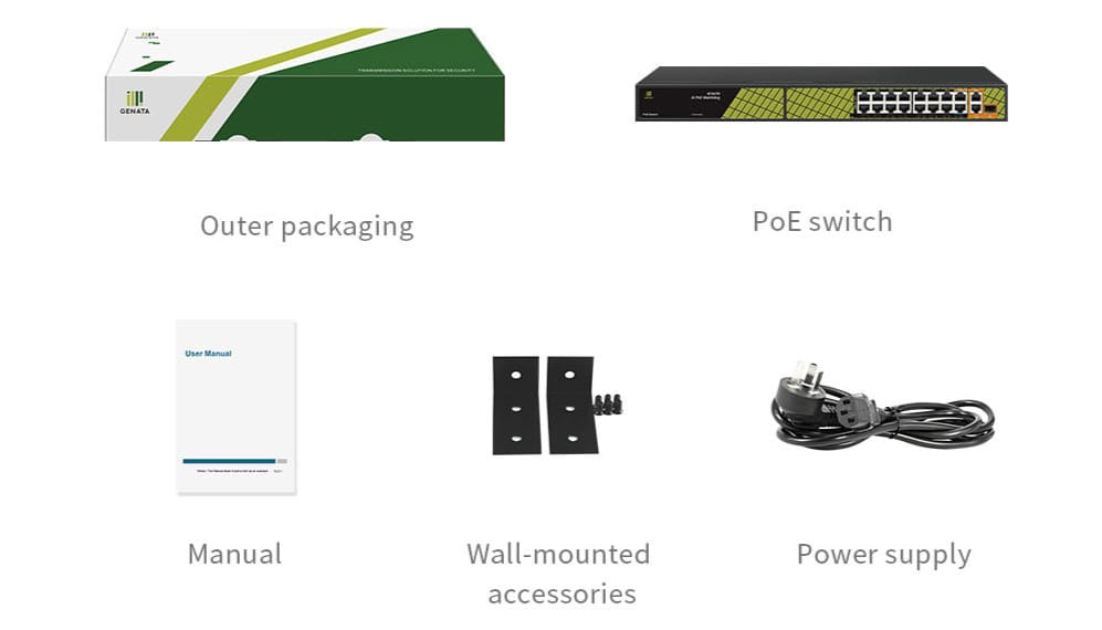 GENATA 16 Port AI PoE Switch GNT-P4813V6 included in the box