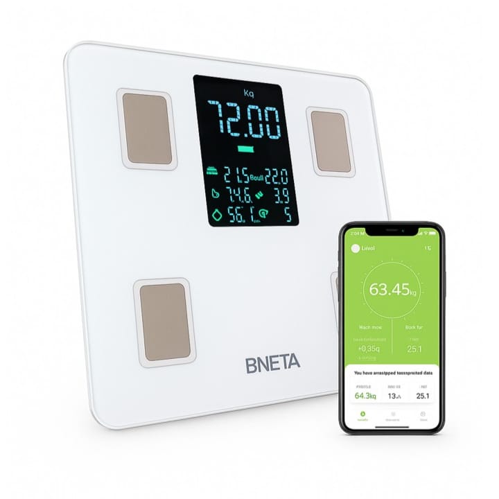 BNETA CS20A Smart Body Scale with Colour LED Display with mobile phone with Bneta app displayed