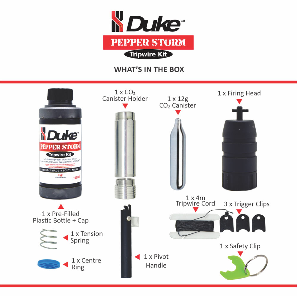 Duke Pepper Storm Tripwire Kit including free Refill displaying accessories included with the kit