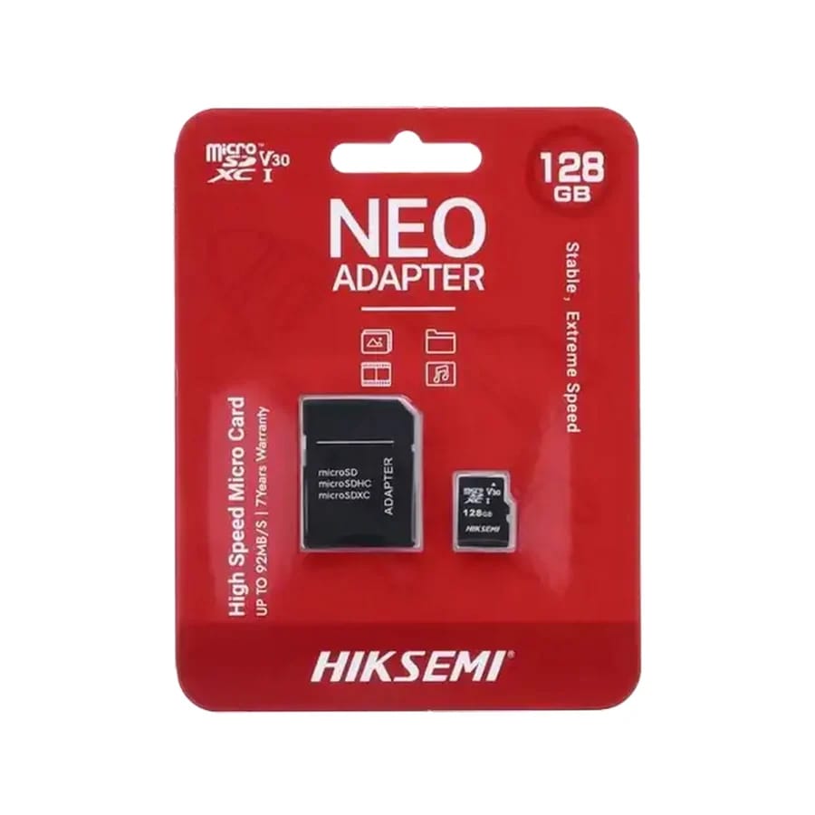 Hiksemi MicroSDXC Surveillance Memory Card 128GB packaged for retail, includes adapter