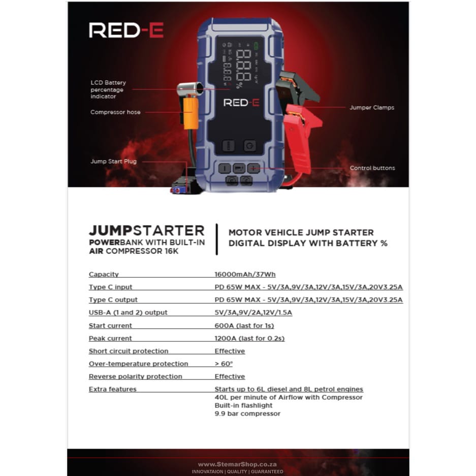 RED-E Jump Starter Power Bank with Air Compressor – 16 000 mAh technical specifications