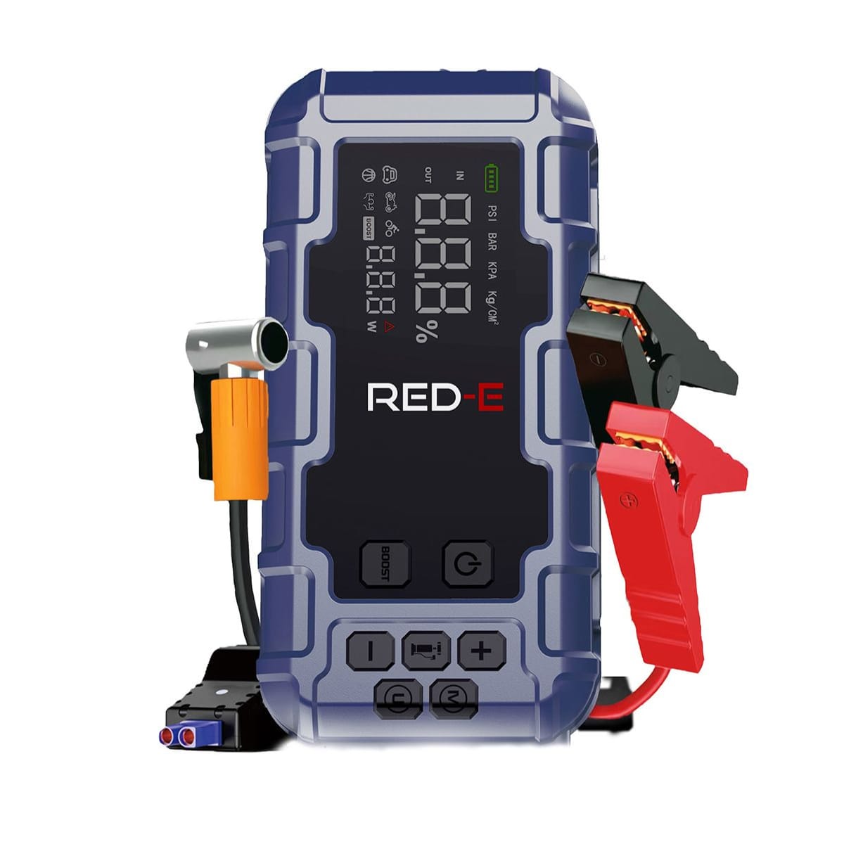 RED-E Jump Starter Power Bank with Air Compressor – 16 000 mAh displayed with cables