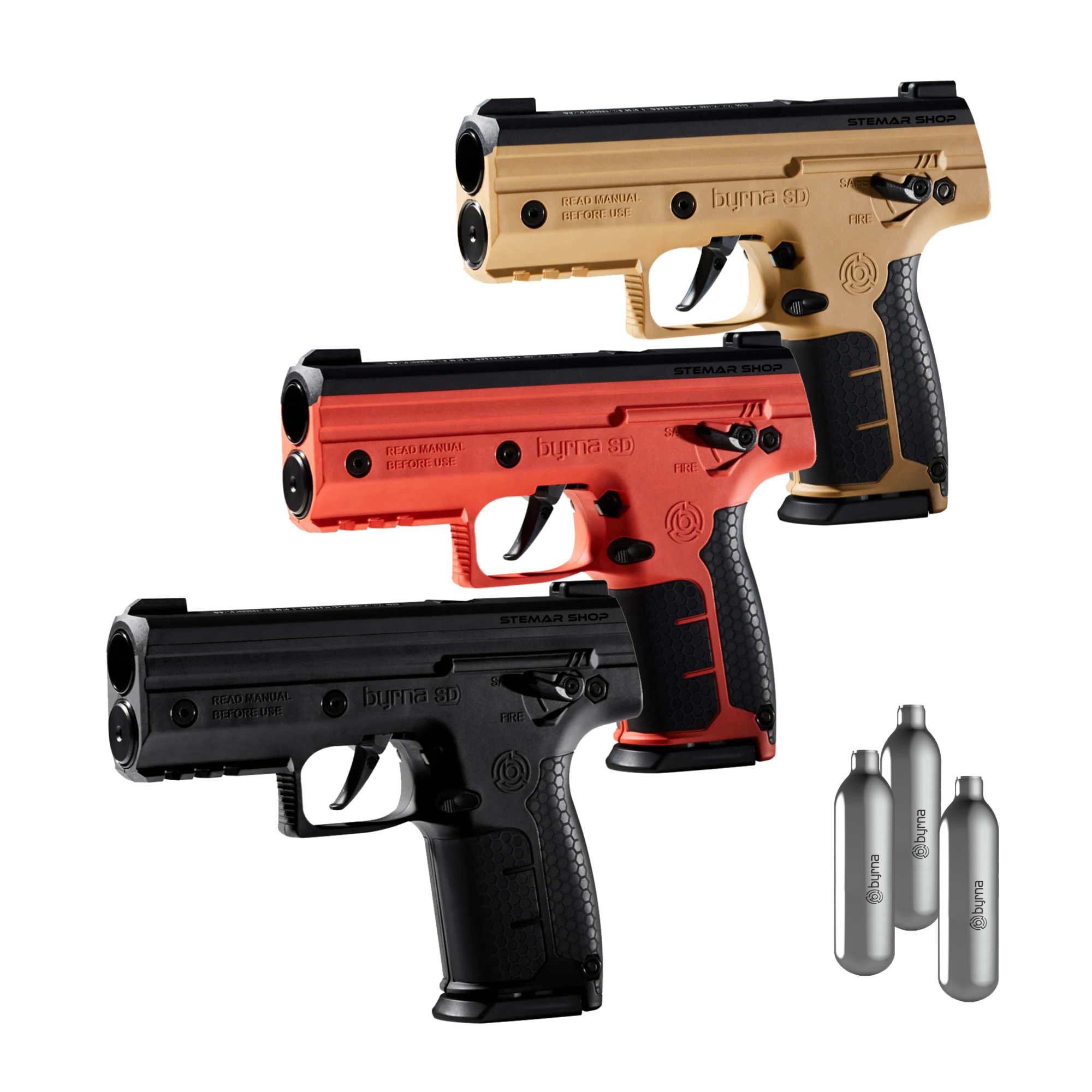 Byrna SD launcher available in Black, Orange and Tan, includes 3x Gas cartridges