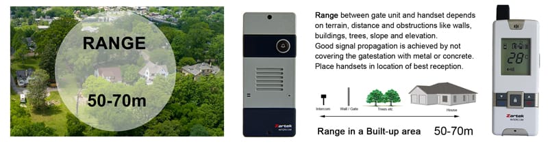 Zartek-ZA-660A-intercom kit displaying typical range between 50-70m