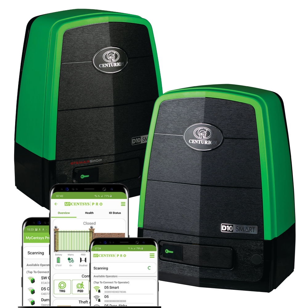 Centurion D10 SMART Sliding Gate Motor displayed with CentSys mobile app