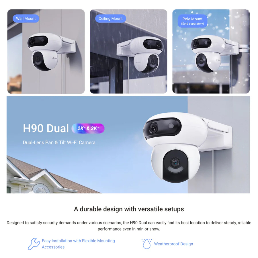EZVIZ H90 Dual Lens 2K⁺ WiFi PT Camera (4MP) mounting options