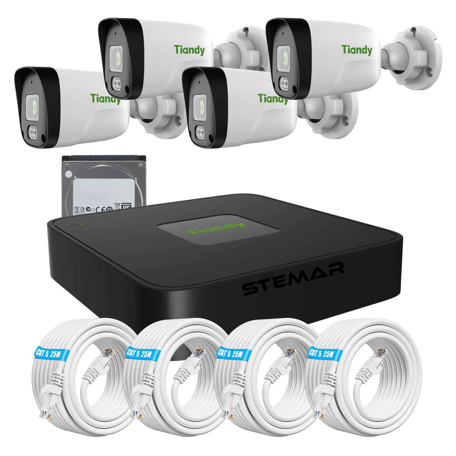 Tiandy 8-Channel PoE NVR Kit with 4× 2MP Bullet Cameras, Cable & 1TB HDD