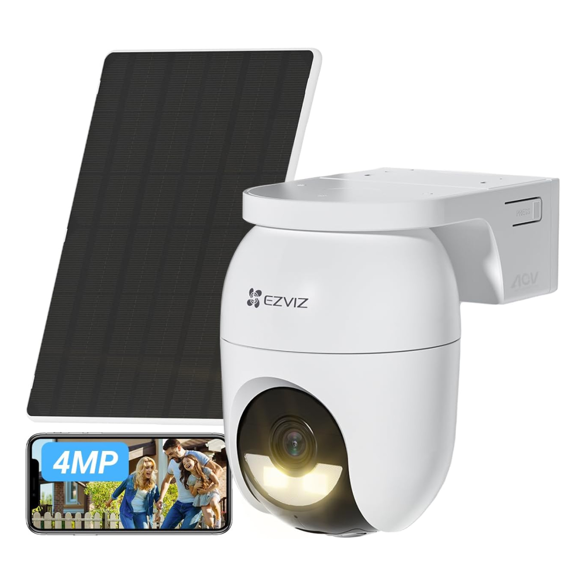 EZVIZ CB8 Lite 4G/WIFI AOV Camera Solar Bundle (4MP) displayed with camera lights on, solar panel and mobile phone