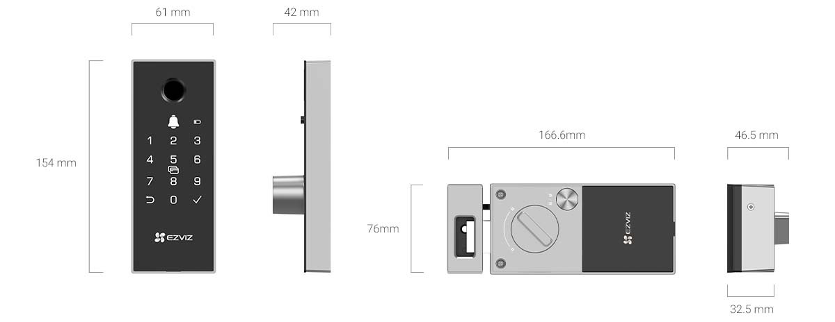 EZVIZ DL03 Pro Smart Wi-Fi Rim Lock dimensions