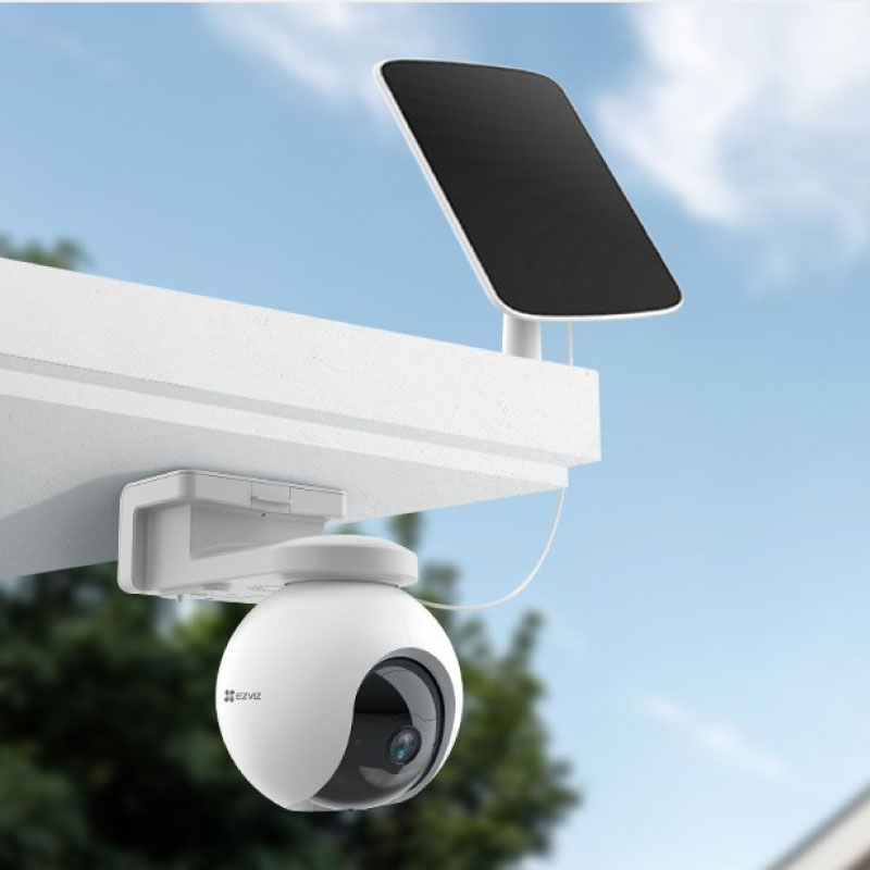 EZVIZ HB8 2K+ Battery PT WiFi Camera Solar Kit (4MP) installed on a roof