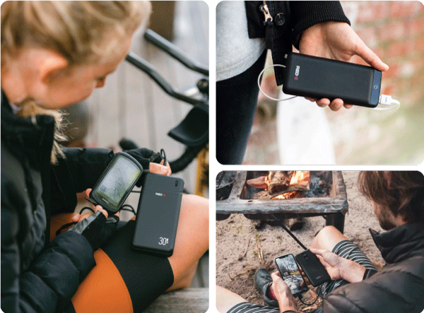 Outdoor lifestyle images of people holding and charging their cellphones with RED-E power banks