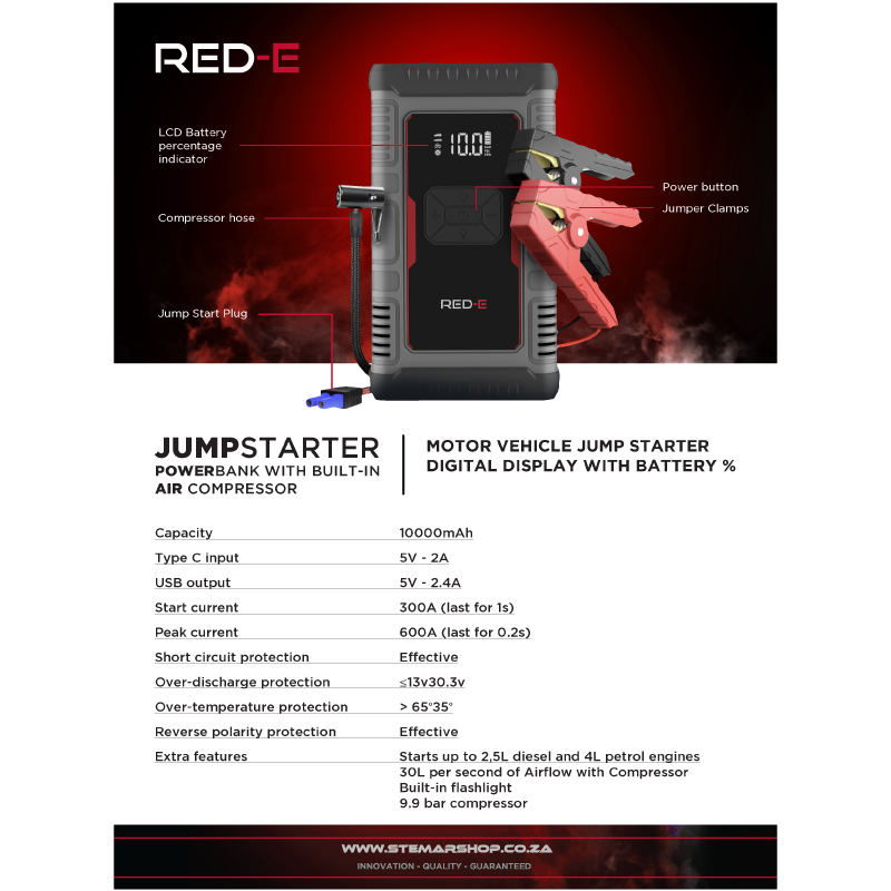 Red-E 10k MAH Jump Starter with Compressor datasheet
