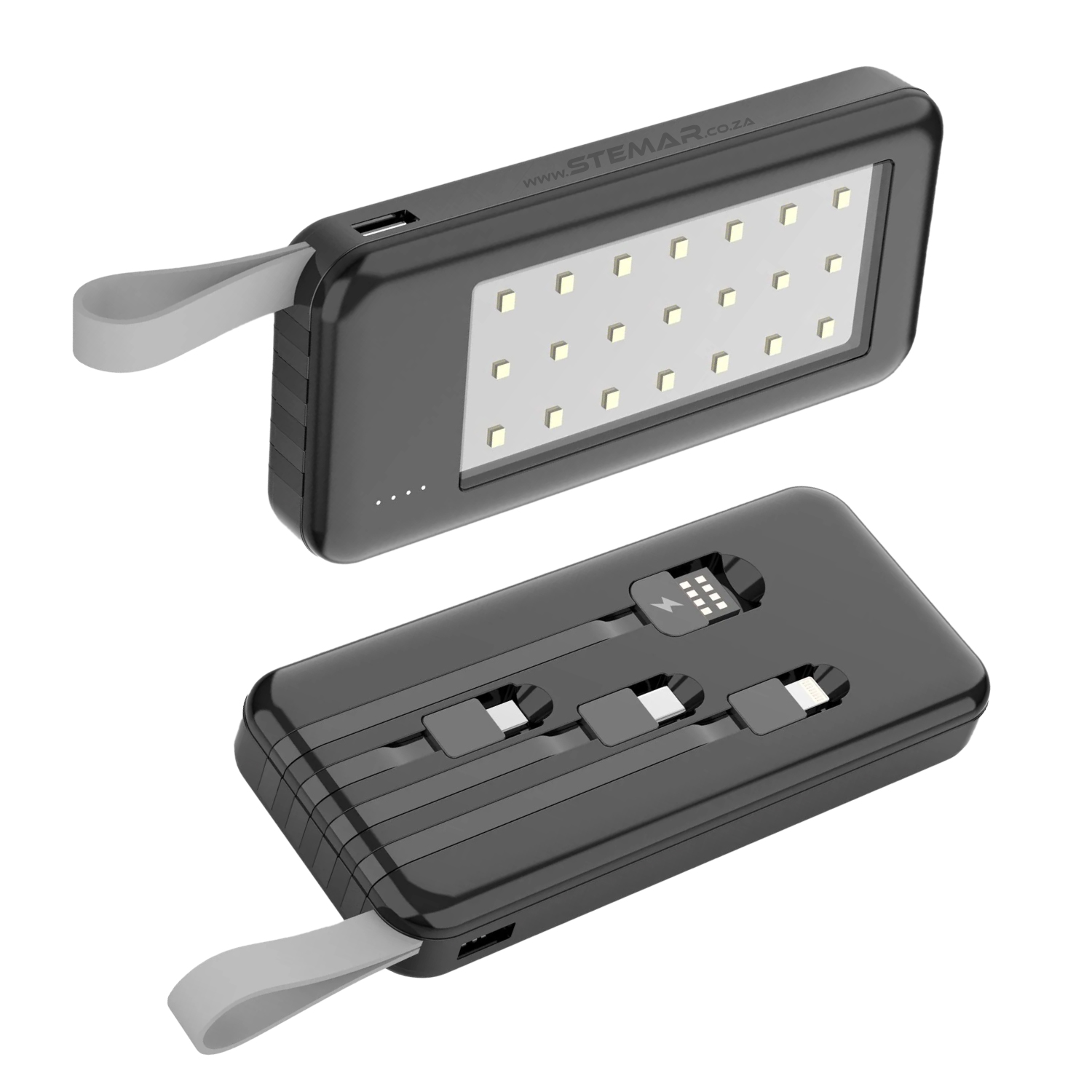 RED-E RLW-10 Power Bank with LED and Built-in Cables front and back view