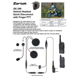 Zartek GE-299 Helmet Headset with Quick Disconnect & Finger PTT