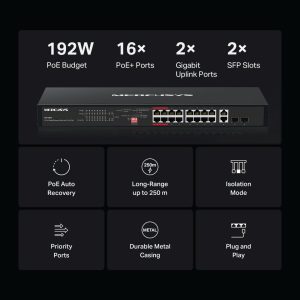 Mercusys MS120GP 20-Port Gigabit Rackmount PoE+ Switch with 16 PoE+ Ports | 192 W Budget