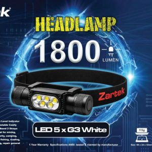 Zartek 1800 Lumen USB-C Rechargeable IP66 Headlamp