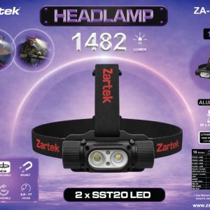 Zartek 1482 lm Rechargeable LED Headlamp with Focus/Flood, Red & Green Light