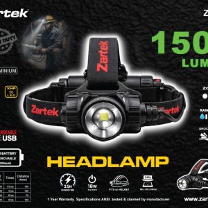 Zartek ZA-138 1500 Lumen USB-C Rechargeable Zoom Headlamp | IP66