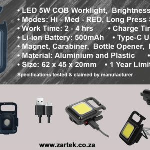 Zartek Mini Keyring Worklight 500lm COB with Red Light & USB-C