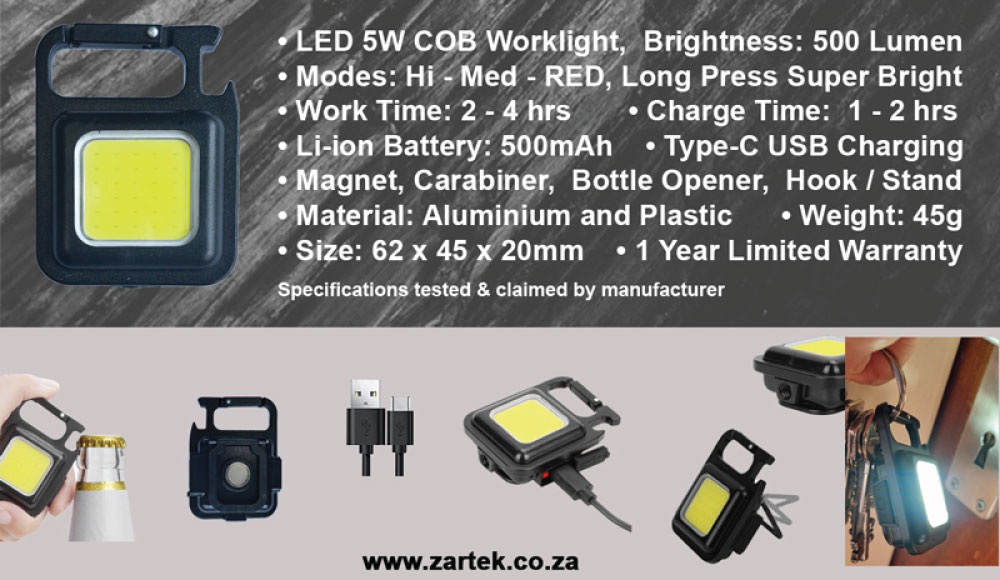 Zartek Mini Keyring Worklight 500lm COB with Red Light & USB-C - Image 2