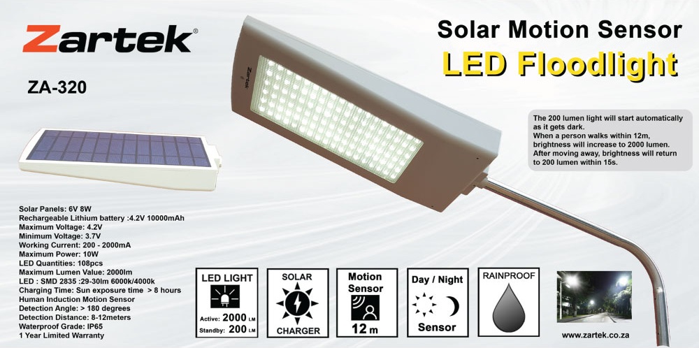 Zartek ZA-320 2000 Lumen Solar Motion Sensor LED Floodlight | IP65 - Image 2
