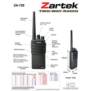 Zartek ZA-720 16-Channel UHF Two-Way Radio with USB Charging