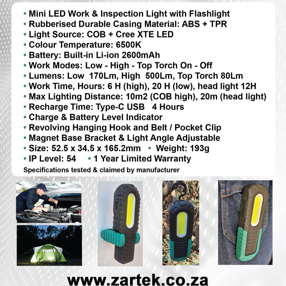 Zartek 500 Lumen USB-C Rechargeable Mini Worklight with 80 Lumen Torch - Image 3