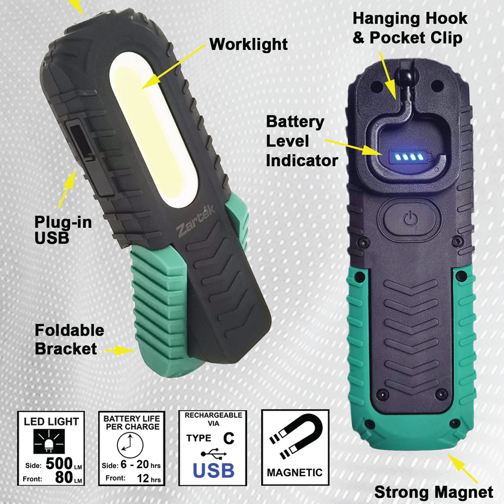 Zartek 500 Lumen USB-C Rechargeable Mini Worklight with 80 Lumen Torch - Image 2