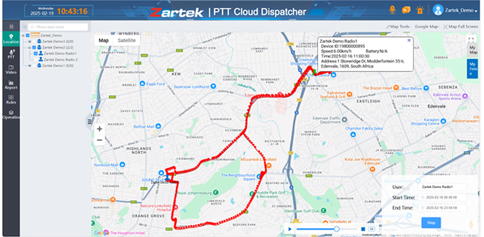 ZartekPTT Cloud Dispatcher map showing online radio GPS positions