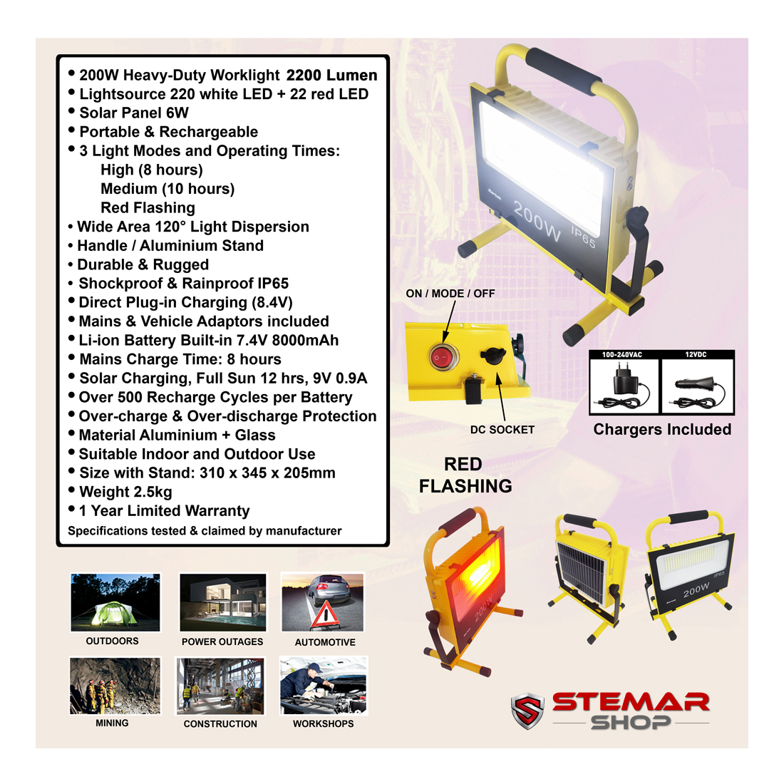 Zartek ZA-322 2200 Lumen Solar Rechargeable Heavy-Duty LED Worklight - Image 3