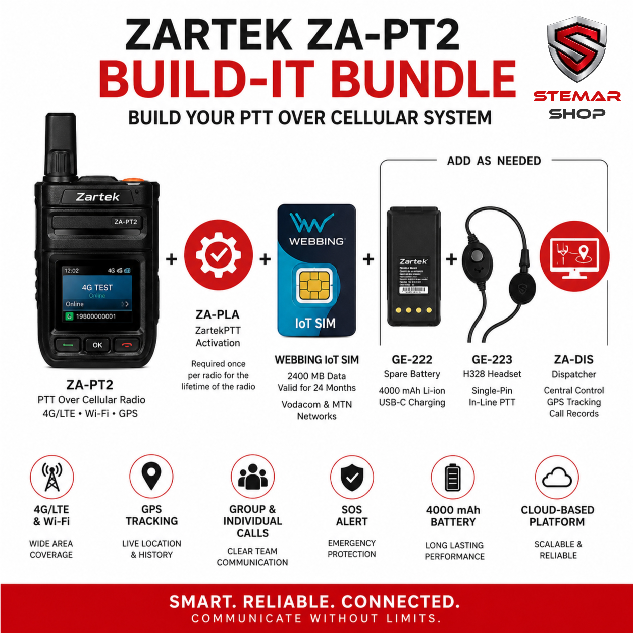 Zartek ZA-PT2 Build-It Bundle with ZartekPTT activation, headset, spare battery, dispatcher and Webbing IoT SIM options