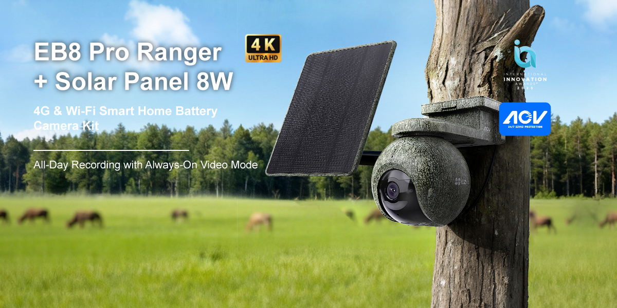 EZVIZ EB8 Pro Ranger 8MP 4G and Wi-Fi battery camera with included 8W solar panel hero