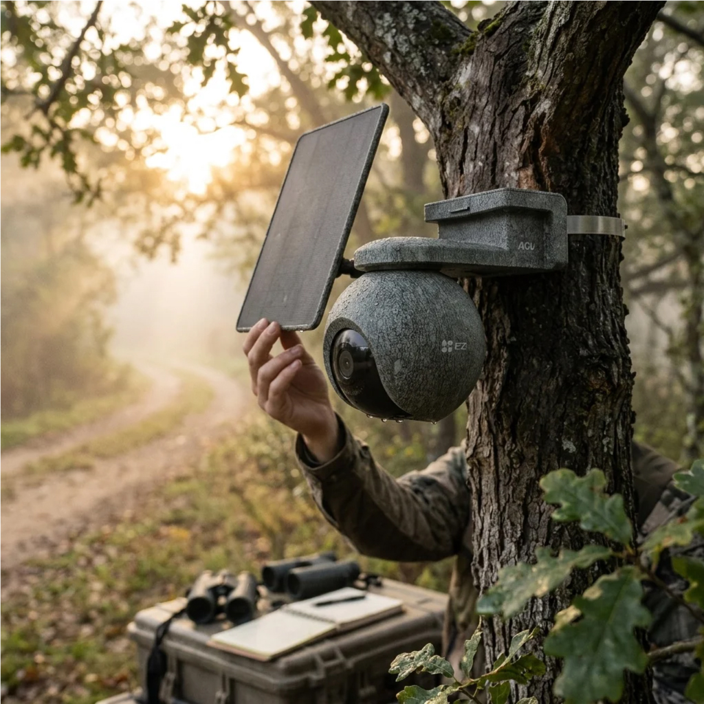 EZVIZ EB8 Pro Ranger 8MP 4G and Wi-Fi battery camera with included 8W solar panel strapped to a tree