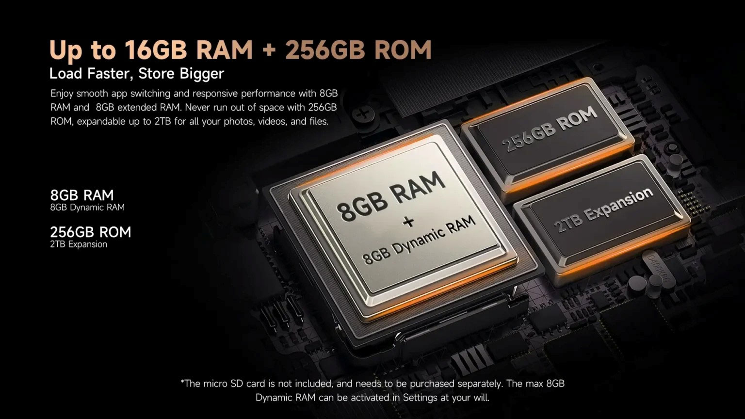 8GB RAM, 256GB ROM, up to 2TB SD Card Supported