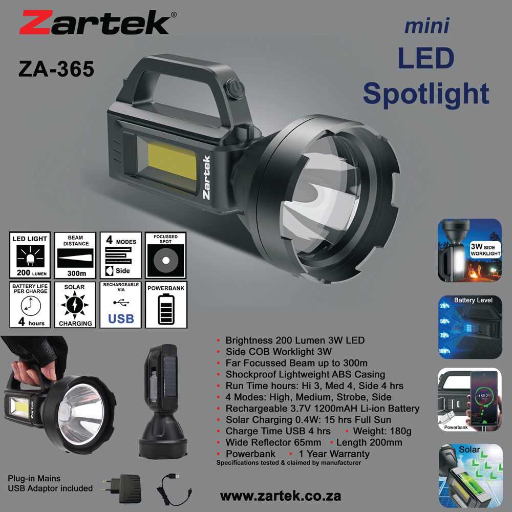 Zartek ZA-365 200 Lumen Rechargeable Mini LED Spotlight with Solar Charging, Powerbank