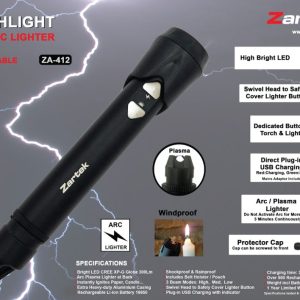 Zartek ZA-412 USB Rechargeable LED Torch with Arc Plasma Lighter | 300 lm