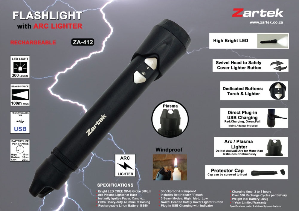 Zartek ZA-412 USB Rechargeable LED Torch with Arc Plasma Lighter | 300 lm - Image 2