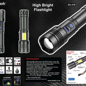 Zartek ZA-418 1500 Lumen Rechargeable LED Torch with Side Light | Powerbank