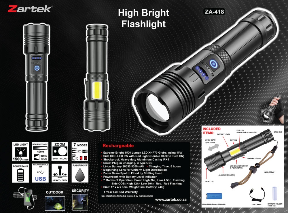 Zartek ZA-418 1500 Lumen Rechargeable LED Torch with Side Light, Powerbank