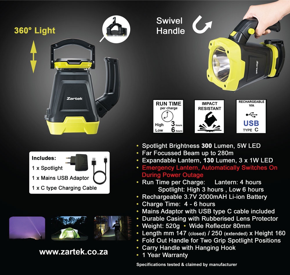 Zartek ZA-428 300 lumen Rechargeable LED Spotlight, Emergency Lantern
