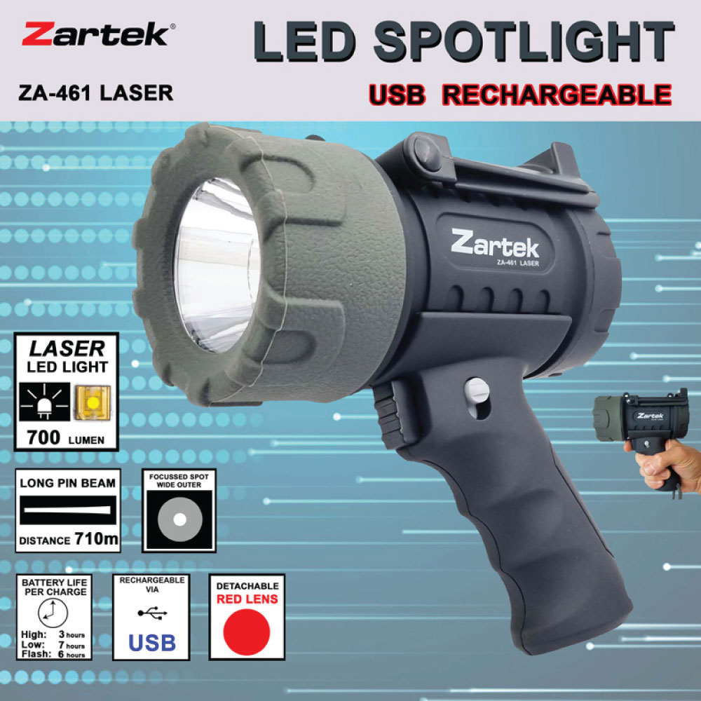 Zartek ZA-461LASER 700 Lumen Rechargeable Laser LED Spotlight – 710 m Beam, IP66