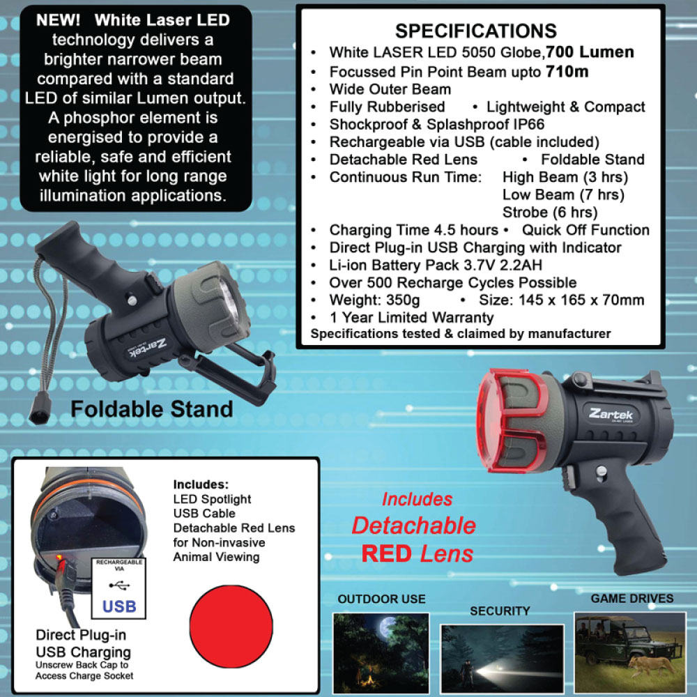 Zartek ZA-461LASER 700 Lumen Rechargeable Laser LED Spotlight – 710 m Beam, IP66