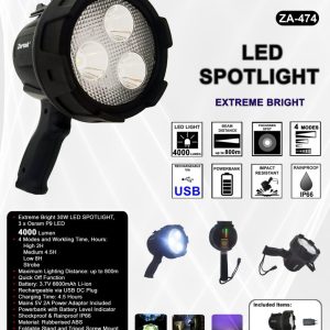 Zartek ZA-474 4000 Lumen Rechargeable LED Spotlight | 800 m Beam, IP66
