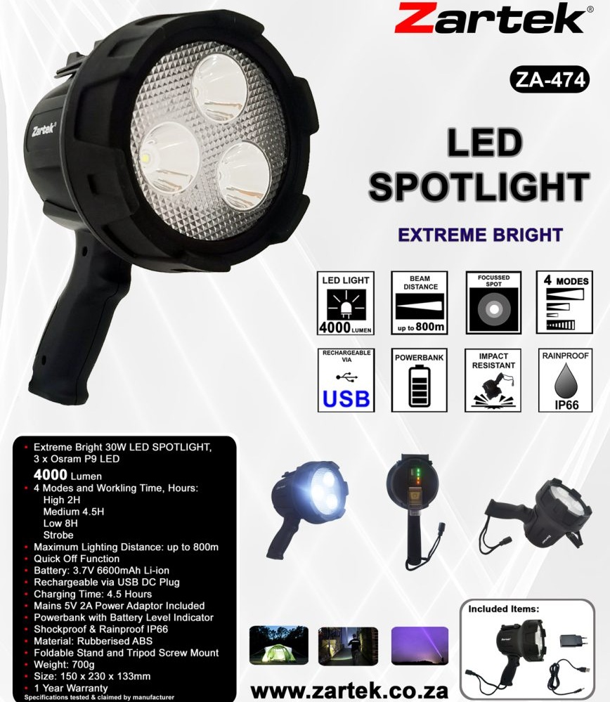 Zartek ZA-474 4000 Lumen Rechargeable LED Spotlight – 800 m Beam, IP66