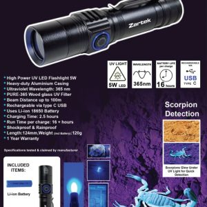 Zartek ZA-496 5W 365 nm Rechargeable UV Flashlight for Scorpion Detection