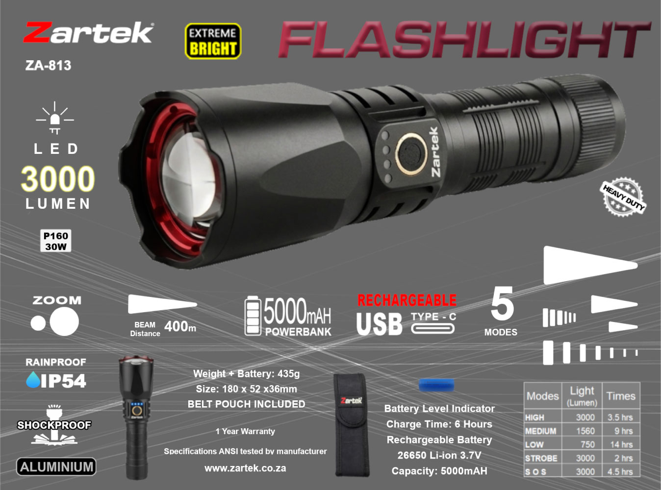Zartek ZA-813 3000 Lumen Rechargeable LED Zoom Flashlight with Powerbank