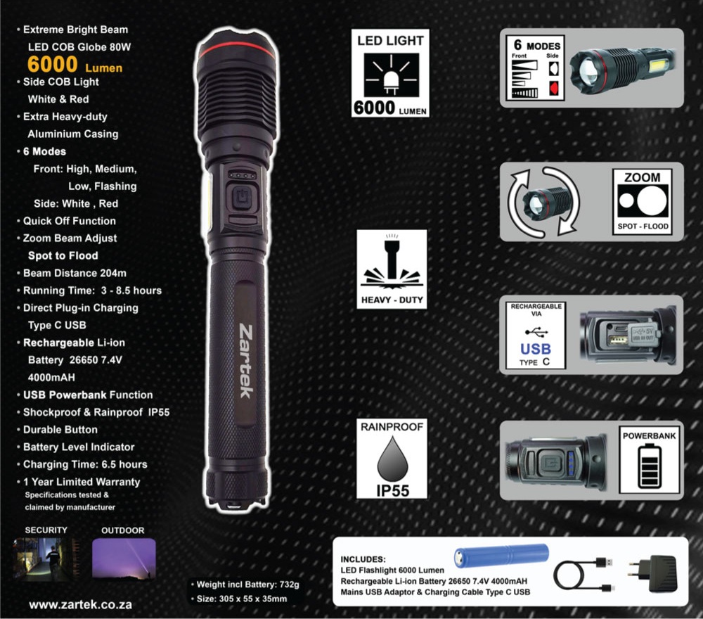 Zartek ZA-816 6000 Lumen Rechargeable LED Torch with Side Light, Power Bank