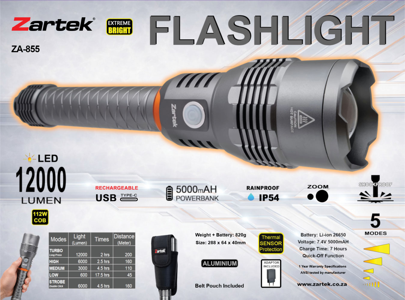 Zartek ZA-855 12000 Lumen USB-C Rechargeable LED Flashlight with Powerbank
