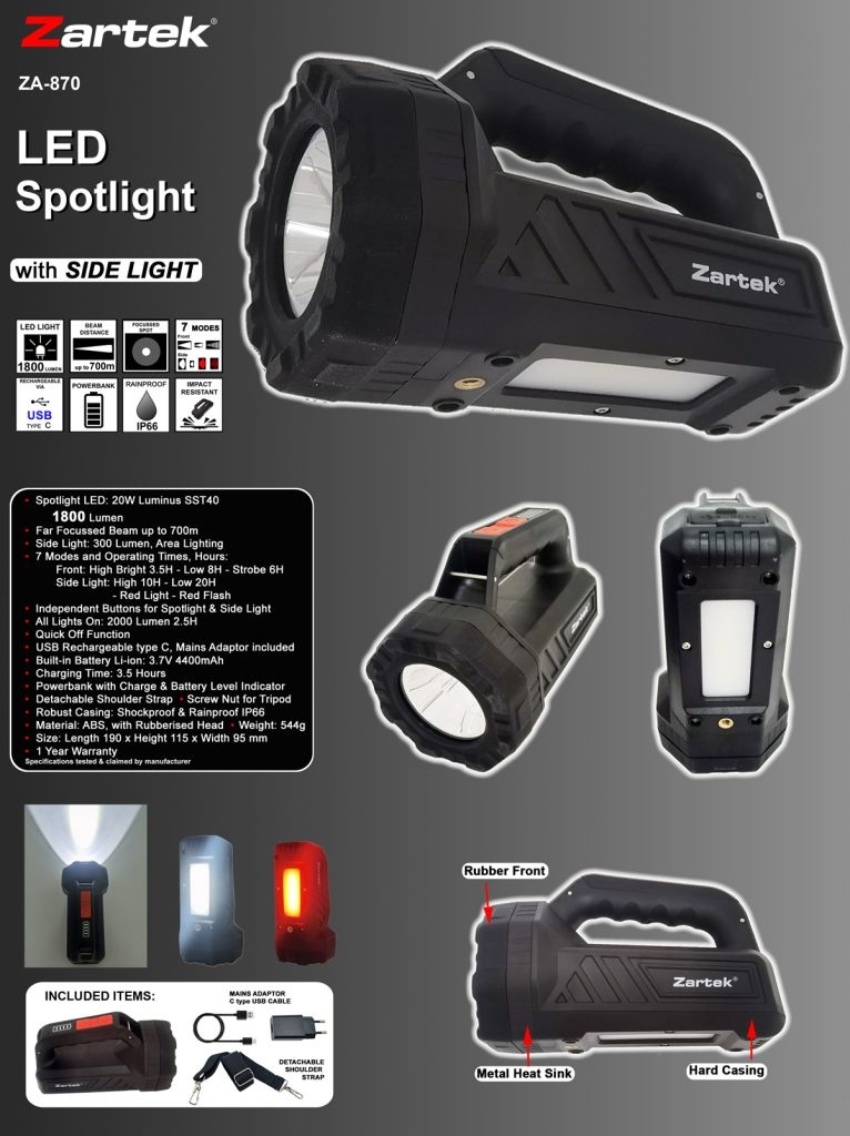 Zartek ZA-870 Rechargeable LED Spotlight 1800 Lumen, 700m Beam, Side Light