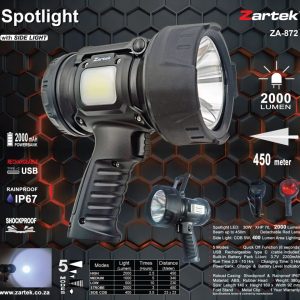 Zartek ZA-872 2000 Lumen USB-C Rechargeable LED Spotlight